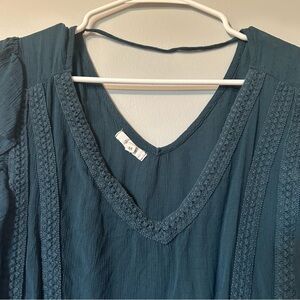 Maurices Dark Teal Green Ruffle Blouse with crochet front and cinched‎ waist